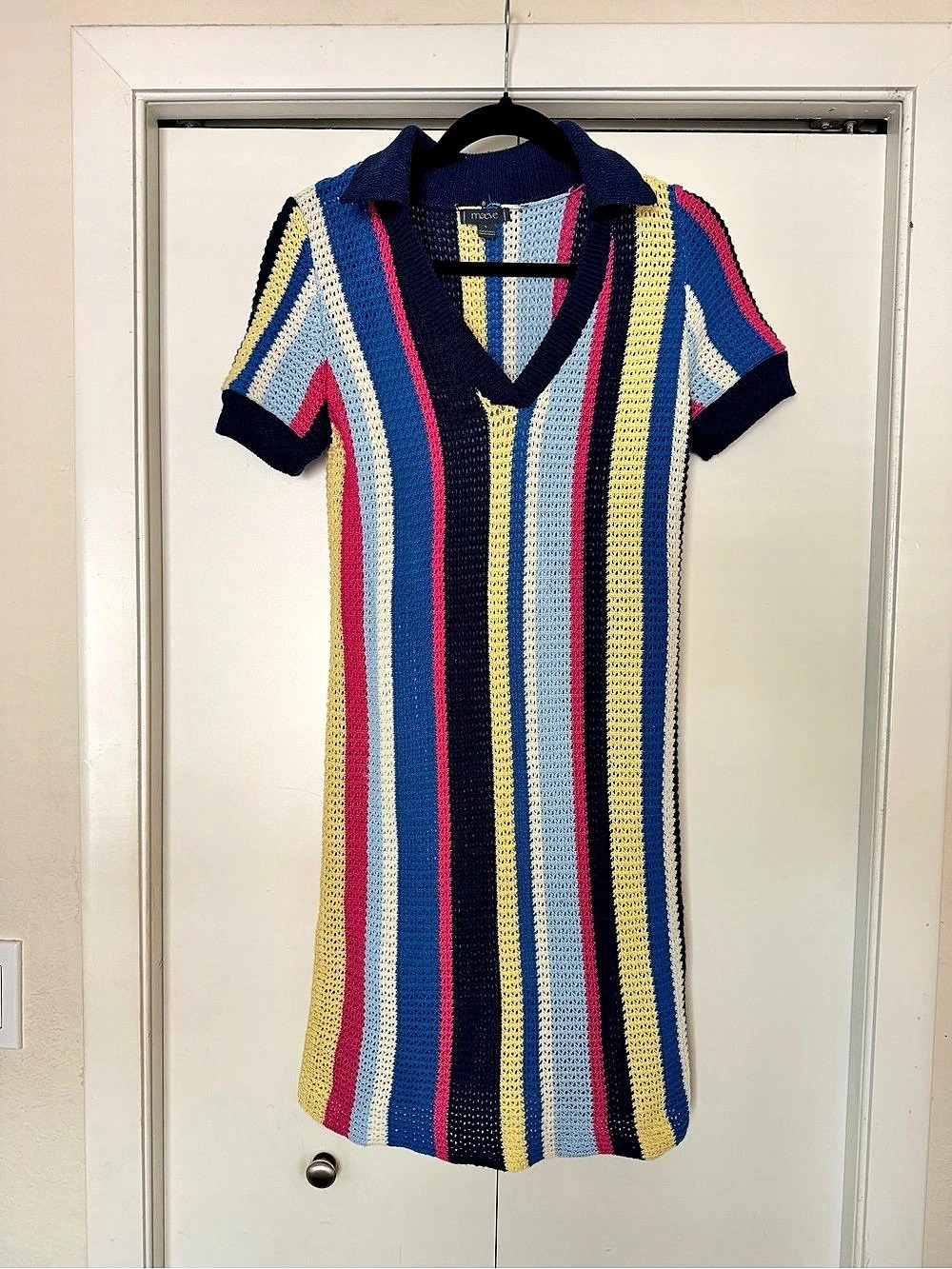 Anthropologie Crochet Mini Dress Striped Blue & Yellow Size Small